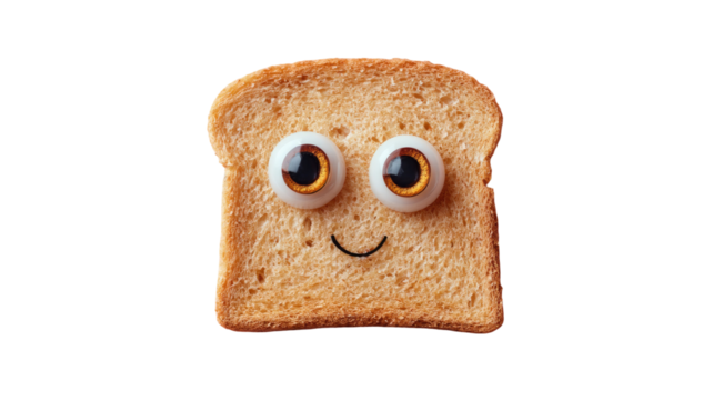 Slice of toast with googly eyes and smile creating cute funny breakfast character on white background - Powered by Adobe