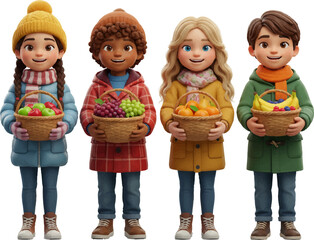 3D Vector Autumn Friends with Fruit Baskets