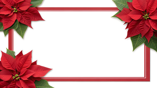 Festive red poinsettia flowers frame a white copy space for holiday greetings and christmas messages