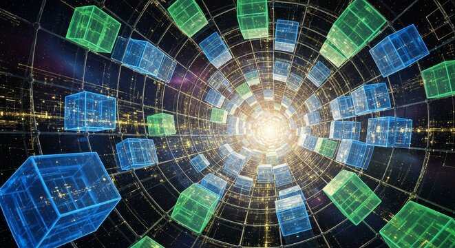 Transparent blue and green data cubes arranged in a converging tunnel lead toward a bright central light explosion in a high-tech digital environment. Perfect as a looping sci-fi transition or backgro
