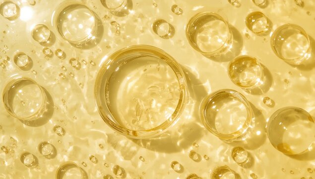 Top view of pure natural oil with bubbles jojoba coconut