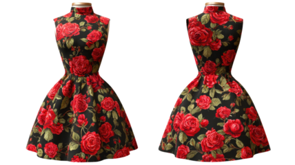 Sleeveless vintage dress with red roses pattern showcasing elegant retro floral fashion style on white background