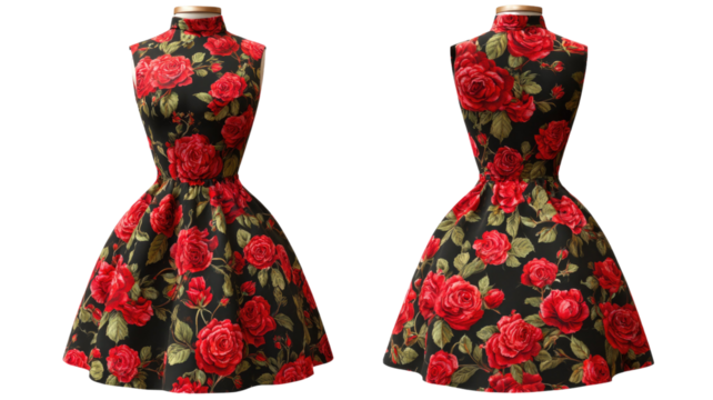 Sleeveless vintage dress with red roses pattern showcasing elegant retro floral fashion style on white background
