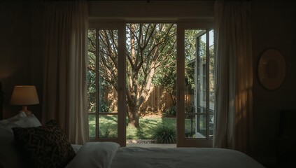 Obraz premium Bedroom view with sunlight behind trees in the garden