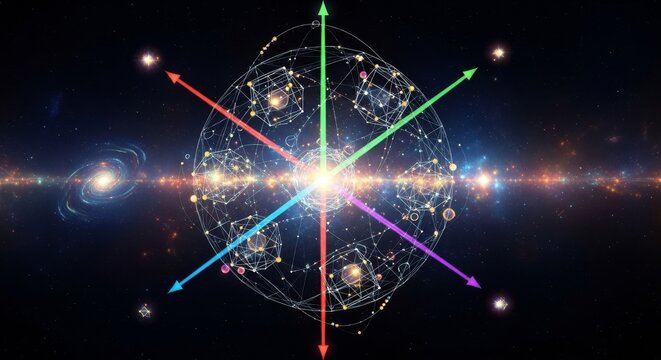 A radiant central core emits swirling energy waves and fractal patterns in a symmetrical formation against a dark cosmic backdrop in 3D animation. Ideal as a high-tech transition or looping VFX elemen