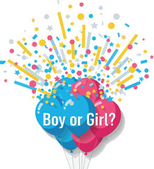 Exciting gender reveal celebration bursts with blue and pink balloons and vibrant confetti announcing 'Boy or Girl?'