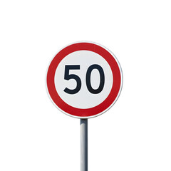 Circular speed limit road sign with number 50 inside a red border and white background on a gray pole against a black background
