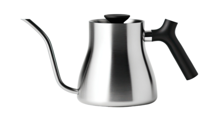 Sleek stainless steel gooseneck kettle with modern minimalist design showing elegant kitchen accessory on white background