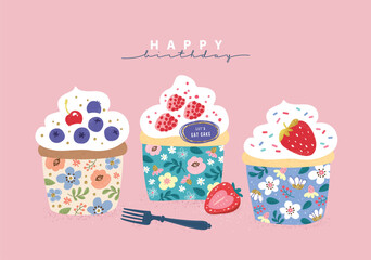 Happy Birthday greeting cards with lovely cupcakes.

