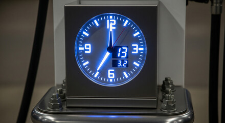 Modern Digital Analog Clock Display with Glowing Blue Light
A close-up shot of a modern, square-shaped clock featuring a striking, backlit blue analog dial with numerical markers and hands