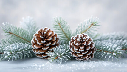 Fototapeta premium Two natural pine cones resting on frosted evergreen branches with soft bokeh background for winter holidays