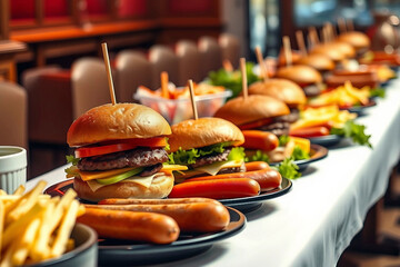 Buffet with hamburgers and sausages