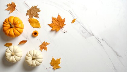 Autumnal Still Life with Pumpkins and Maple Leaves on White Marble.