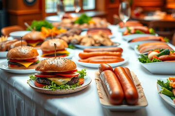 Hamburger buffet. Sausages on the table