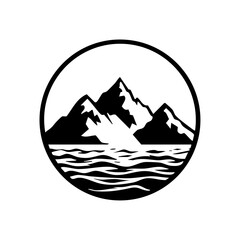 Circular mountain and water emblem representing nature, outdoor adventure, and eco tourism.