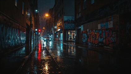 Wet city street after rain at night graffiti wall lights