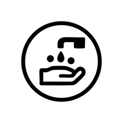 Hand washing symbol showing faucet and hand under water drops, promoting hygiene, cleanliness, and safety.