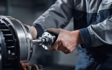 Close up of a technician's gloved hand manipulating machinery, showcasing precision and industrial work. Gray and navy uniform, equipment detail