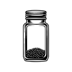 Glass spice jar with granules symbolizing cooking ingredients, kitchen organization, and culinary storage.