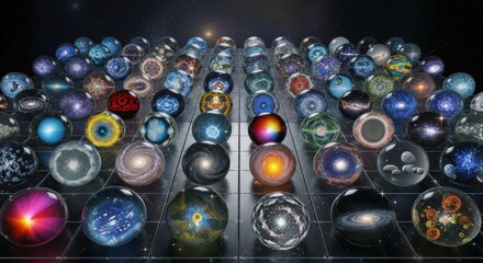 Countless parallel universes with fantastical realms and cybernetic cities exist inside transparent spheres connected in an endless grid pattern. This looping 3D animation visualizes the multiverse co