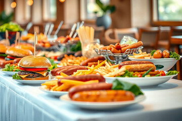 Buffet with hamburgers and sausages. Delicious meaty food