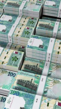 Qatar 100 Riyal Banknote Vertical (Mobile) 3D Animation ? Realistic Money Flow, Finance, Economy, Business Investment, and Currency Exchange Visualization for Mobile Display
