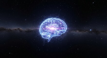 A translucent wireframe Boltzmann brain with glowing neural connections emerges from quantum fluctuations above a starry nebula in 3D animation. Ideal for cosmology, philosophy of mind, or sci-fi loop