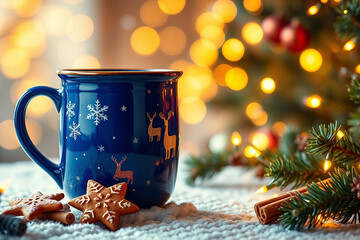 Festive blue mug. Christmas holiday composition
