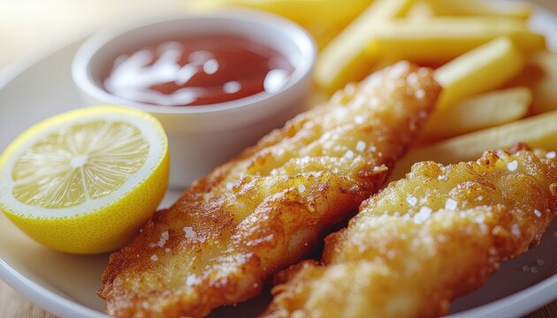Plate of fish and chips with lemon and ketchup