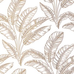 Tropical leaf Wallpaper, Luxury nature leaves pattern design, Golden banana leaf line arts, Hand drawn outline design for fabric , print, cover, banner and invitation, Vector illustration.