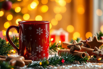 Festive red mug. Christmas festive composition. Christmas advertising photo