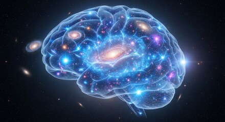 A translucent wireframe Boltzmann brain with glowing neural connections emerges from quantum fluctuations above a starry nebula in 3D animation. Ideal for cosmology, philosophy of mind, or sci-fi loop