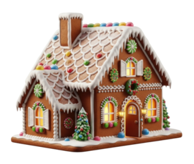 Gingerbread house with lights and christmas decorations transparent background cutout png