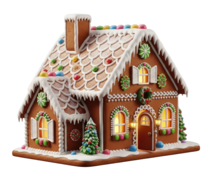 Gingerbread house with lights and christmas decorations transparent background cutout png
