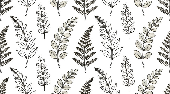Minimalist botanical wallpaper featuring a continuous, repeating motif of detailed fern and eucalyptus leaves, perfect for modern interiors.