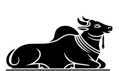 Obraz premium Nandi Bull Sitting Logo or Icon Vector Illustration in Black and White, Sacred Hindu Symbol of Lord Shiva's Vehicle, Indian Cow/Ox Silhouette for Religious, Cultural