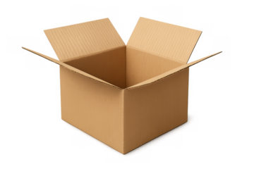 Open cardboard box with flaps up, empty package container for shipping, delivery, moving, and storage on transparent background