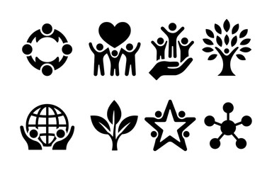 Community and nature icons: symbols of unity, growth, and environment in bold design
