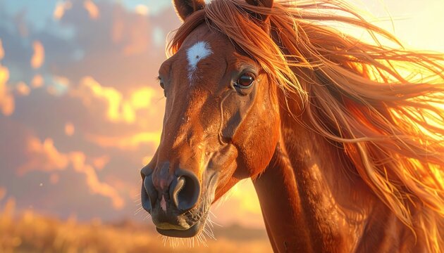 Beautiful brown horse with a flowing mane at sunset