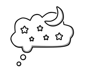 A simple line art illustration of a dreamy cloud with star and moon elements featuring minimal shading to maintain a clean and gentle look, designed as a versatile graphic element for creative project