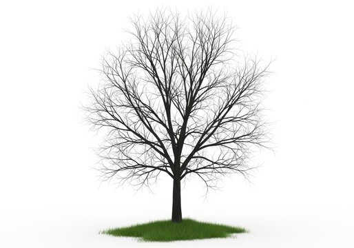 Bare deciduous tree silhouette standing tall on a small mound of green grass