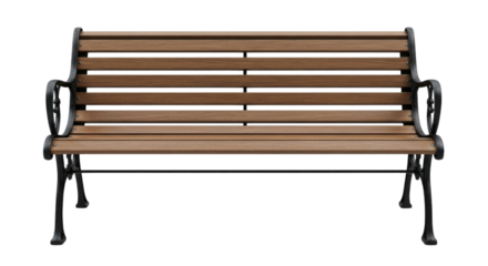 Wooden park bench with cast iron frame transparent background cutout png