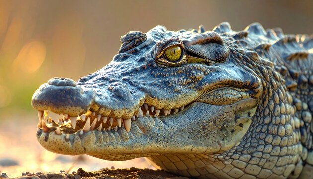 Close-up of a crocodile head with sharp teeth in sunlight