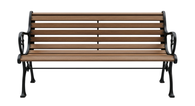 Wooden park bench with cast iron frame transparent background cutout png