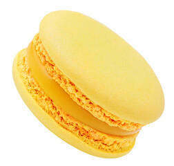 Levitating  macaroon cookie isolated on white background. Faling yellow  French  macarons cake or macaroon dessert.
