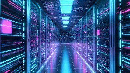 Server racks creating data processing futuristic neon corridor - Powered by Adobe