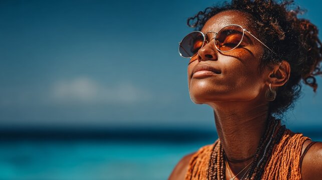 Balancing work and rest: peaceful interlude for a nomadic worker. Creative poster. Embracing nature: latina digital nomad enjoying peaceful break. Rule thirds. Design template.