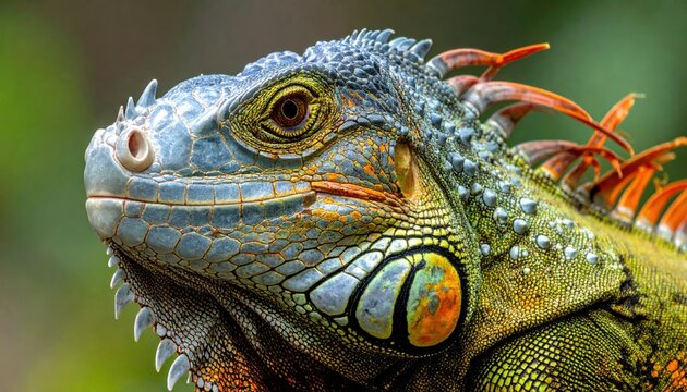 Colorful iguana head profile with vibrant blue and orange scales