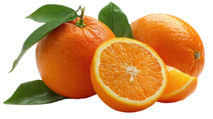 Orange whole fruit and sliced cutout showing juicy fresh citrus texture and vibrant color on white background
