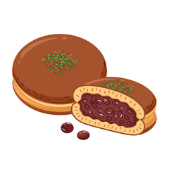 A clean vector illustration of a Japanese Dorayaki, showing one whole pastry and one half revealing a sweet red bean paste (anko) filling, garnished with green powder